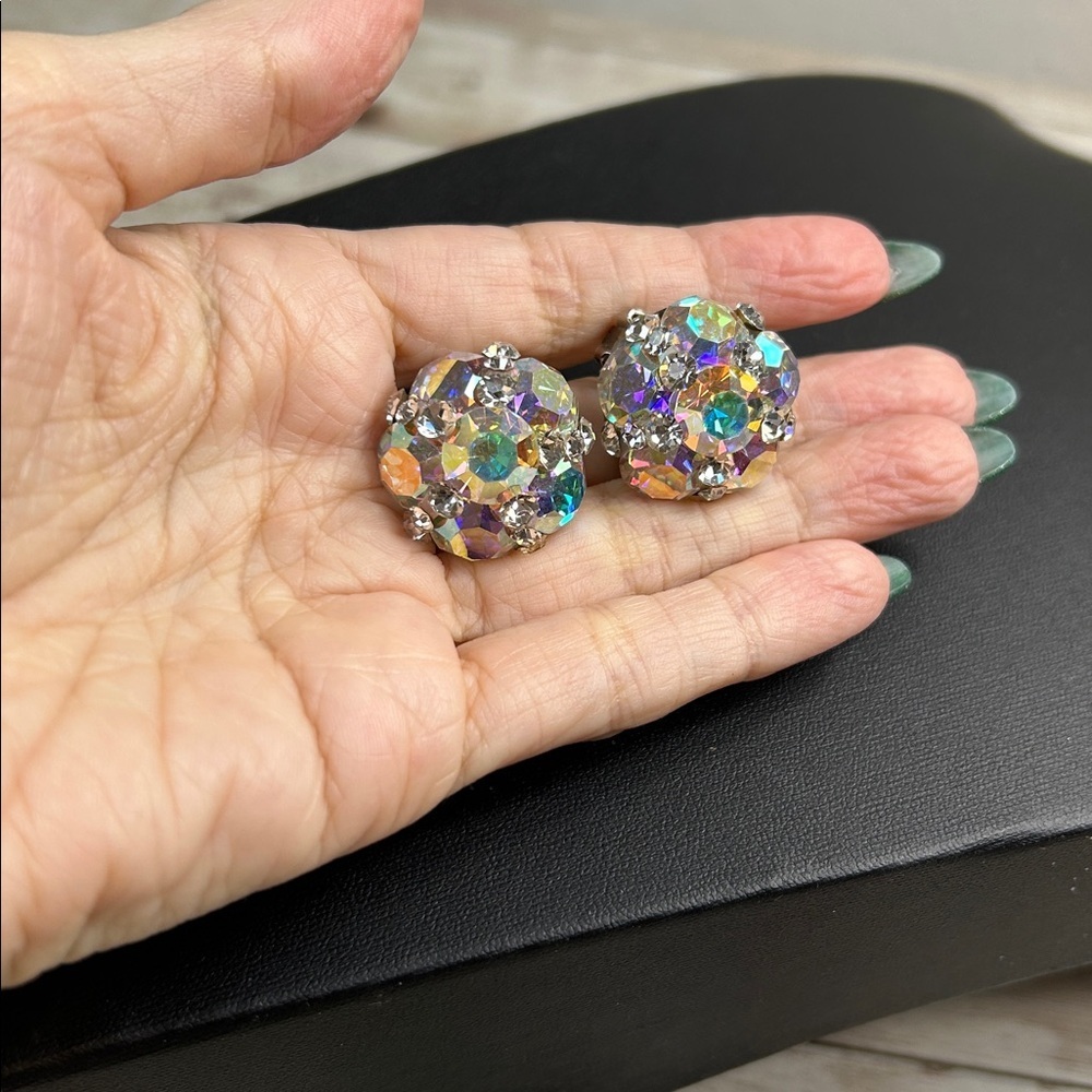 Vintage Aurora Borealis Crystal Clip On Earrings